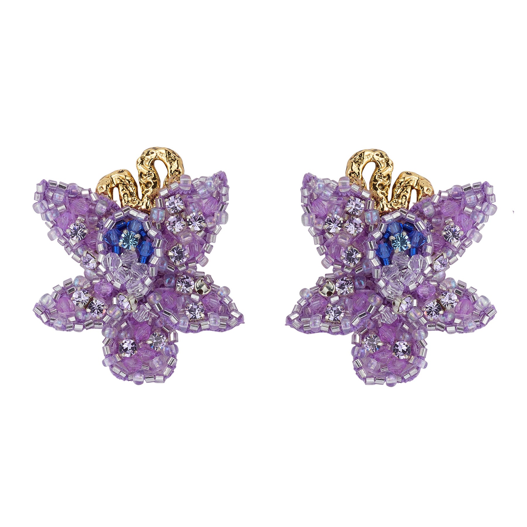 Purple and Blue Beaded Flower Drop Earrings on Flat White Background