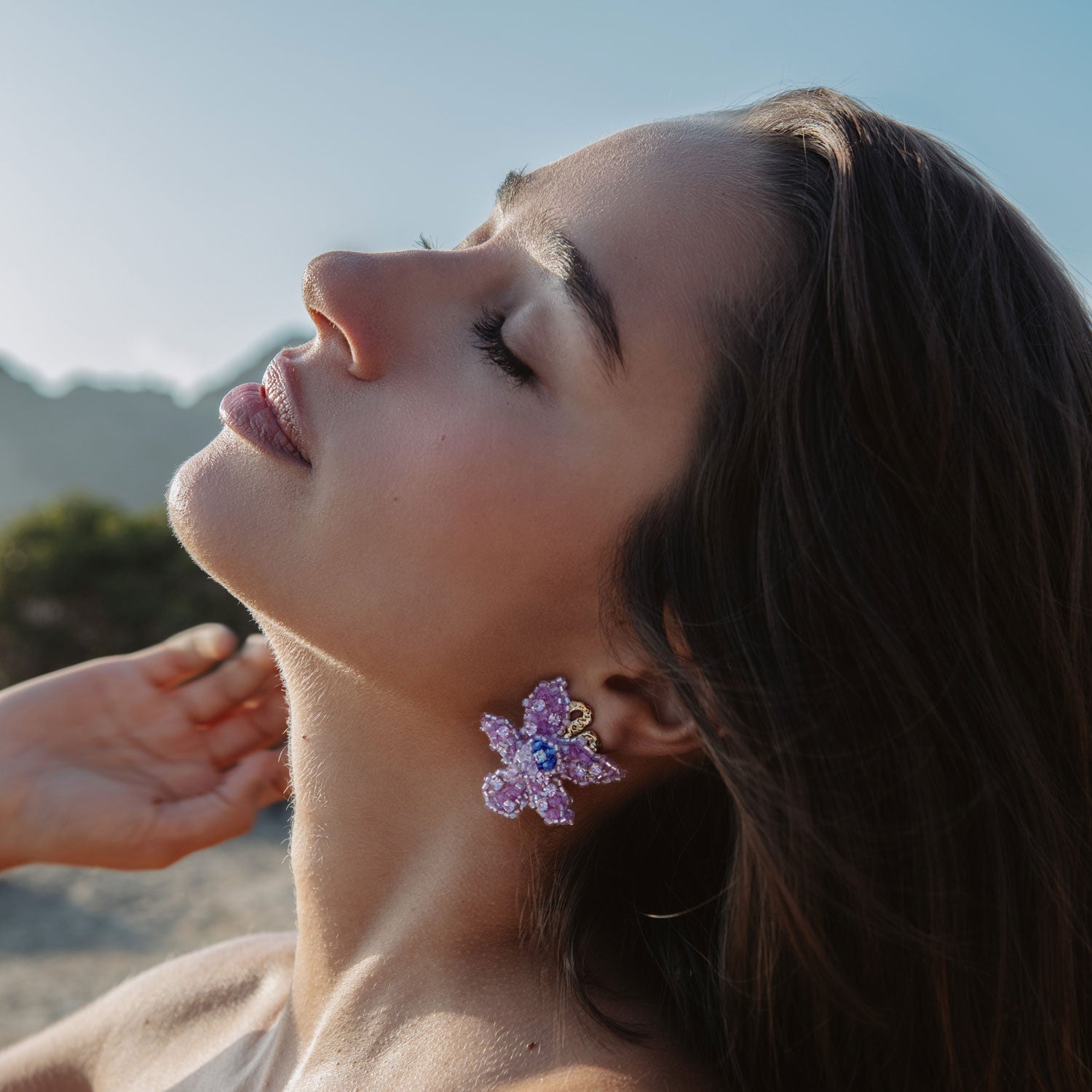 Purple and Blue Beaded Flower Drop Earrings Styled on Model