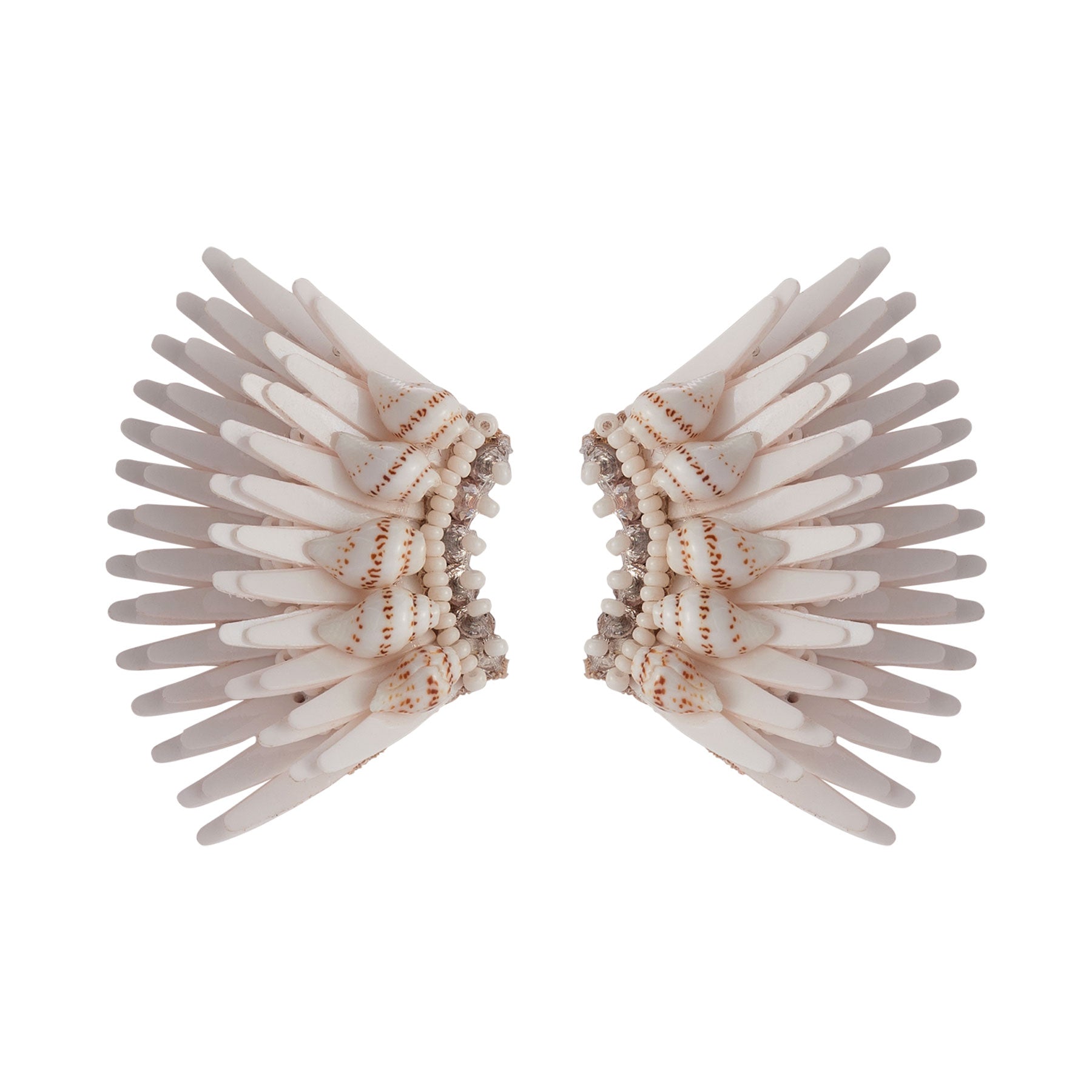 Cream Sequin, Shell, and Bead Wing Stud Madeline Earrings on Flat White Background