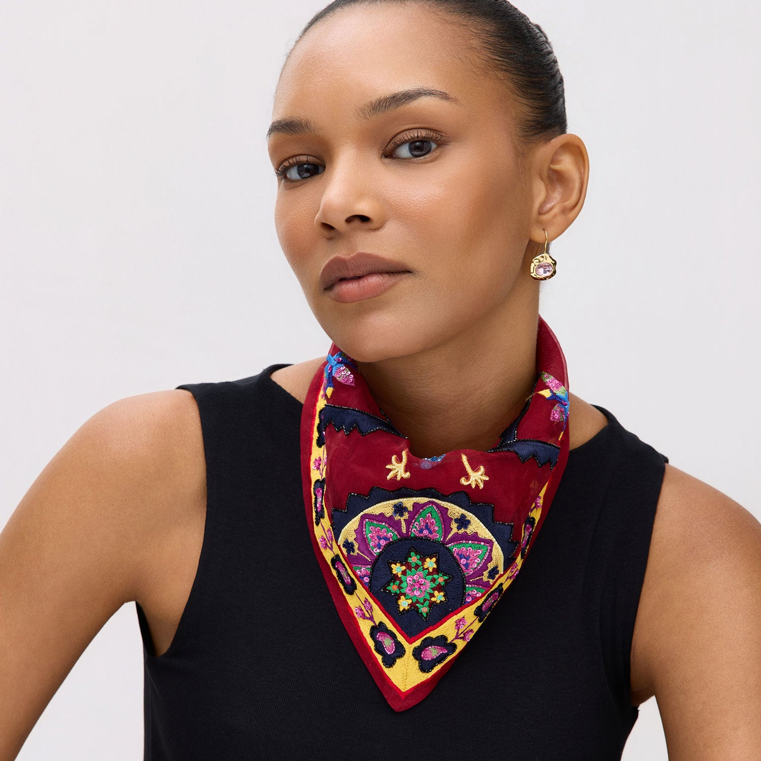 Red Bandana with Colorful Pattern Styled on Model