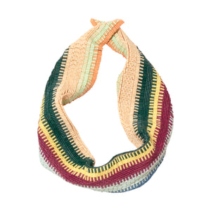 Red, Blue, Green, Yellow, Orange, and Tan Beaded Scarf Necklace on White Background