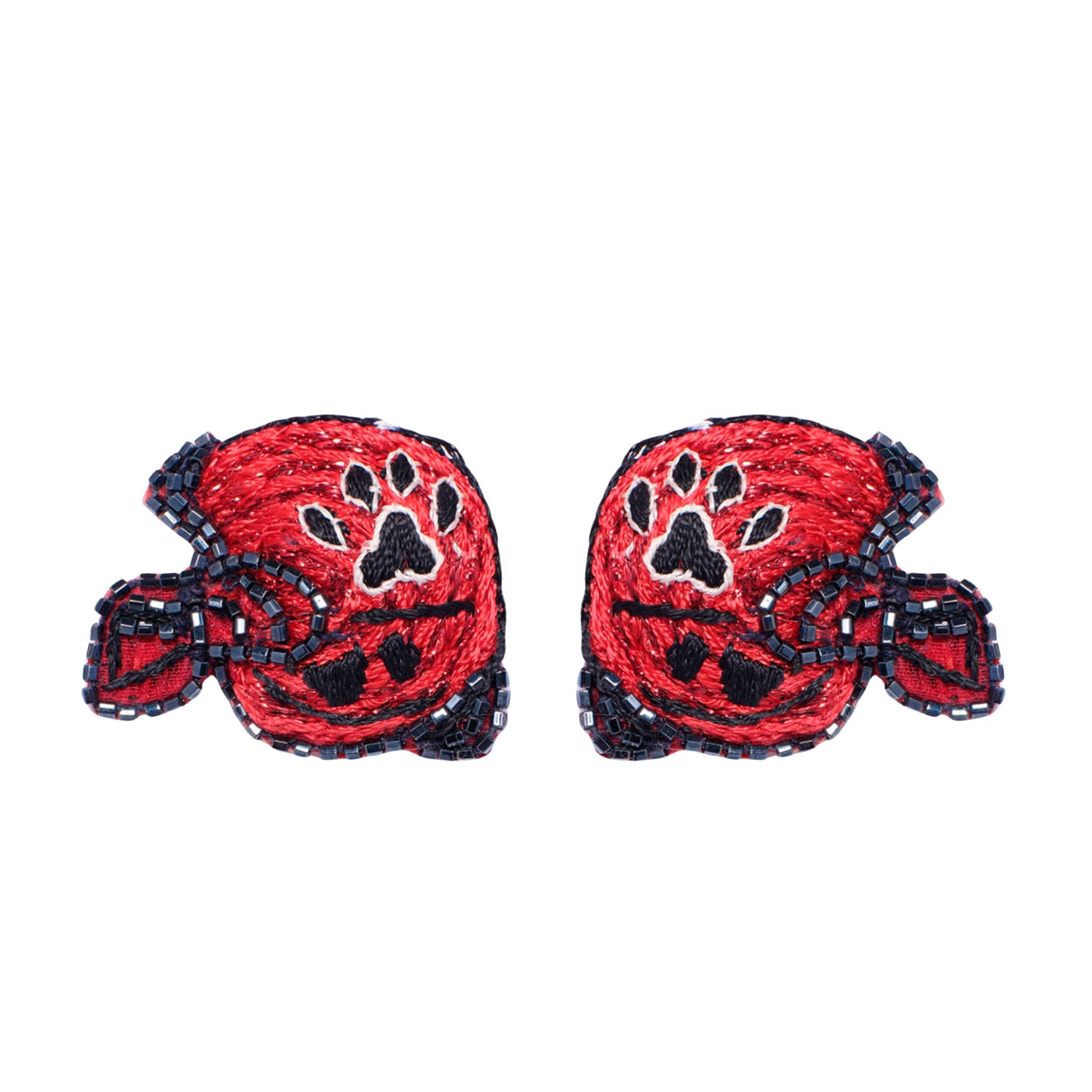 Red and Black Paw Print Embroidered Football Helmet Stud Earrings on Flat White Background