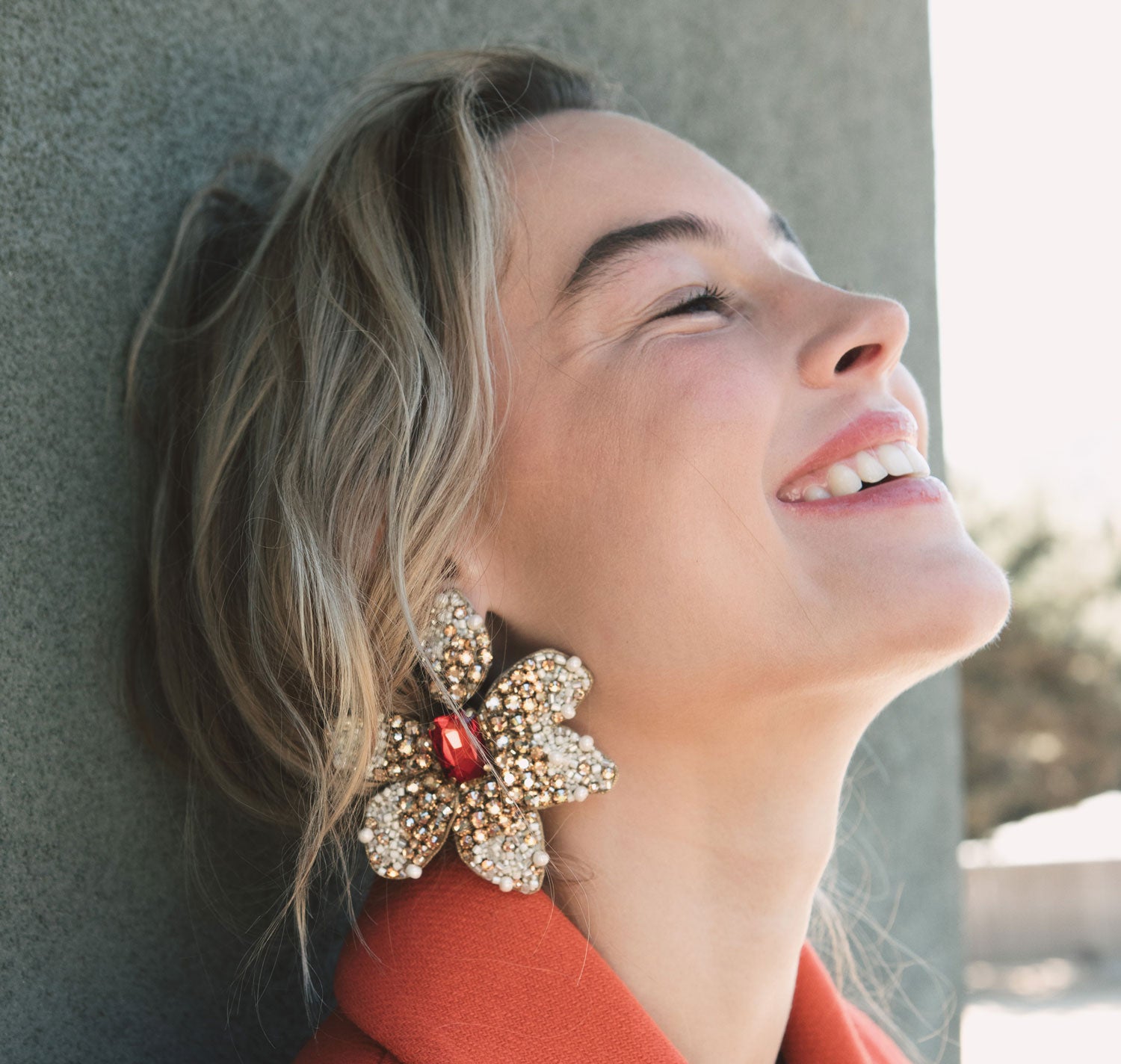 Red and Crystal Champagne and Pearl Flower Drop Earrings Styled on Model