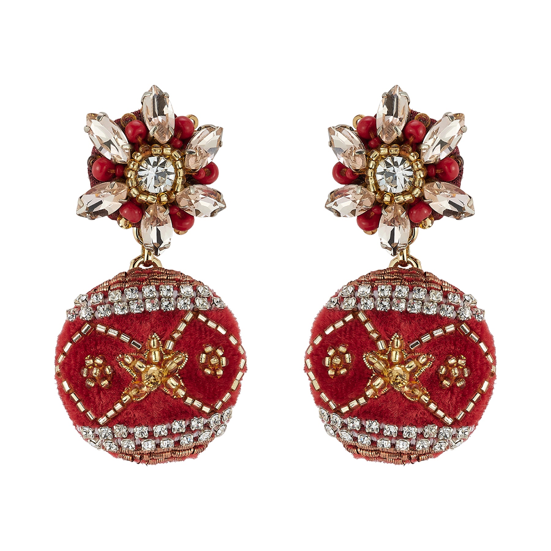 Pair of red ornament drop earrings with gold and crystal details on a white background