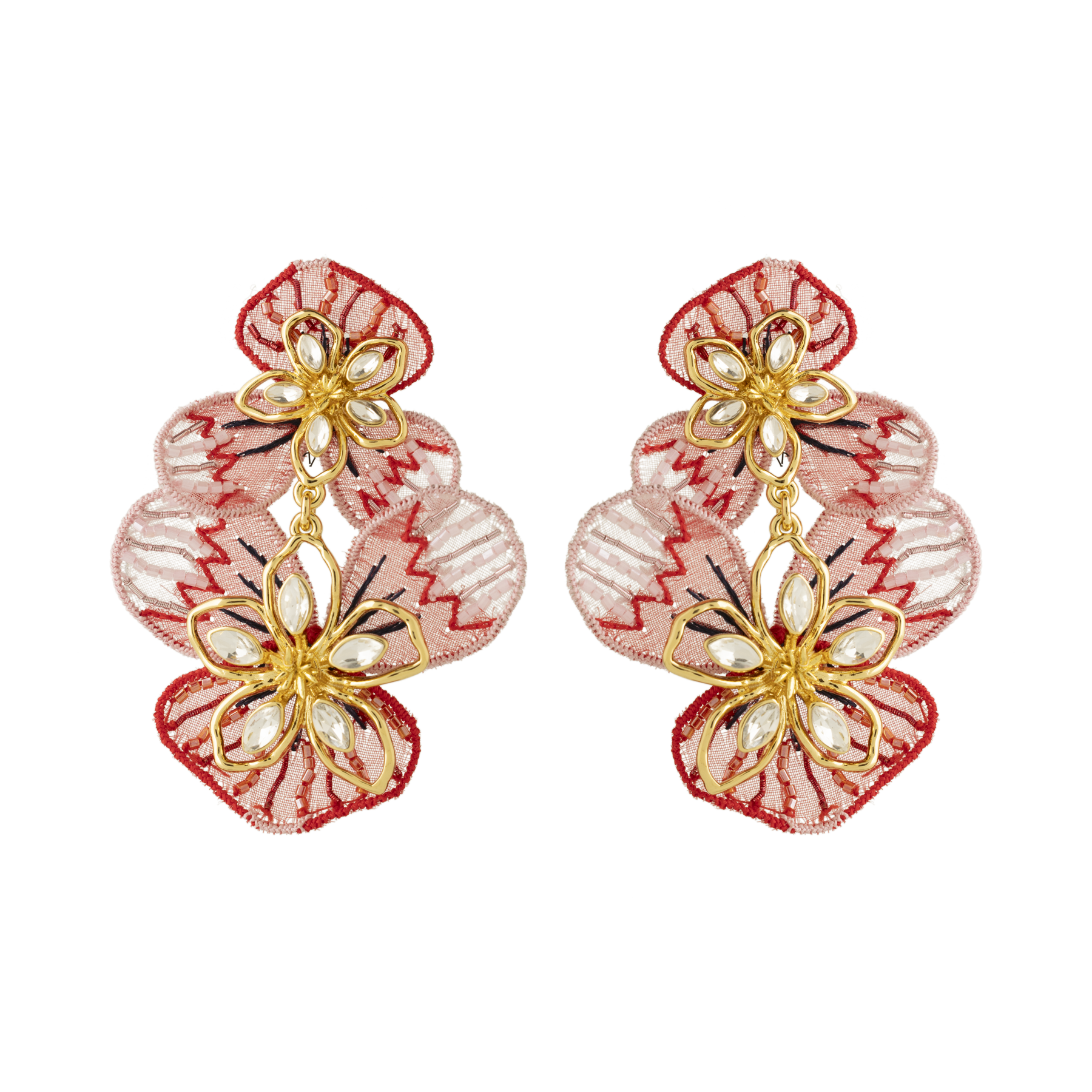 Red and Pink Flower Double Drop Earrings with Crystals and Beads on Flat White Background