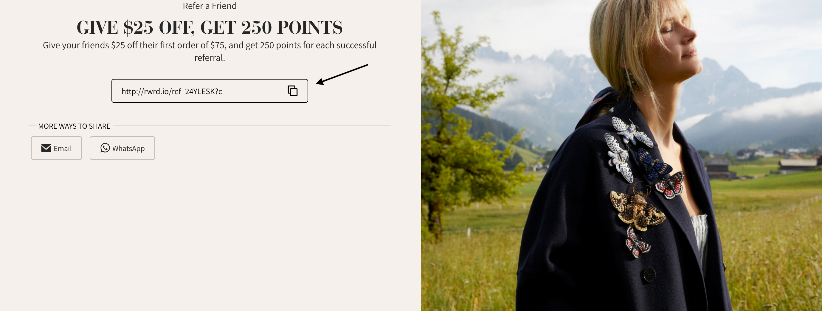 Woman in a stylish jacket standing in a scenic outdoor setting and an example of the referral section.