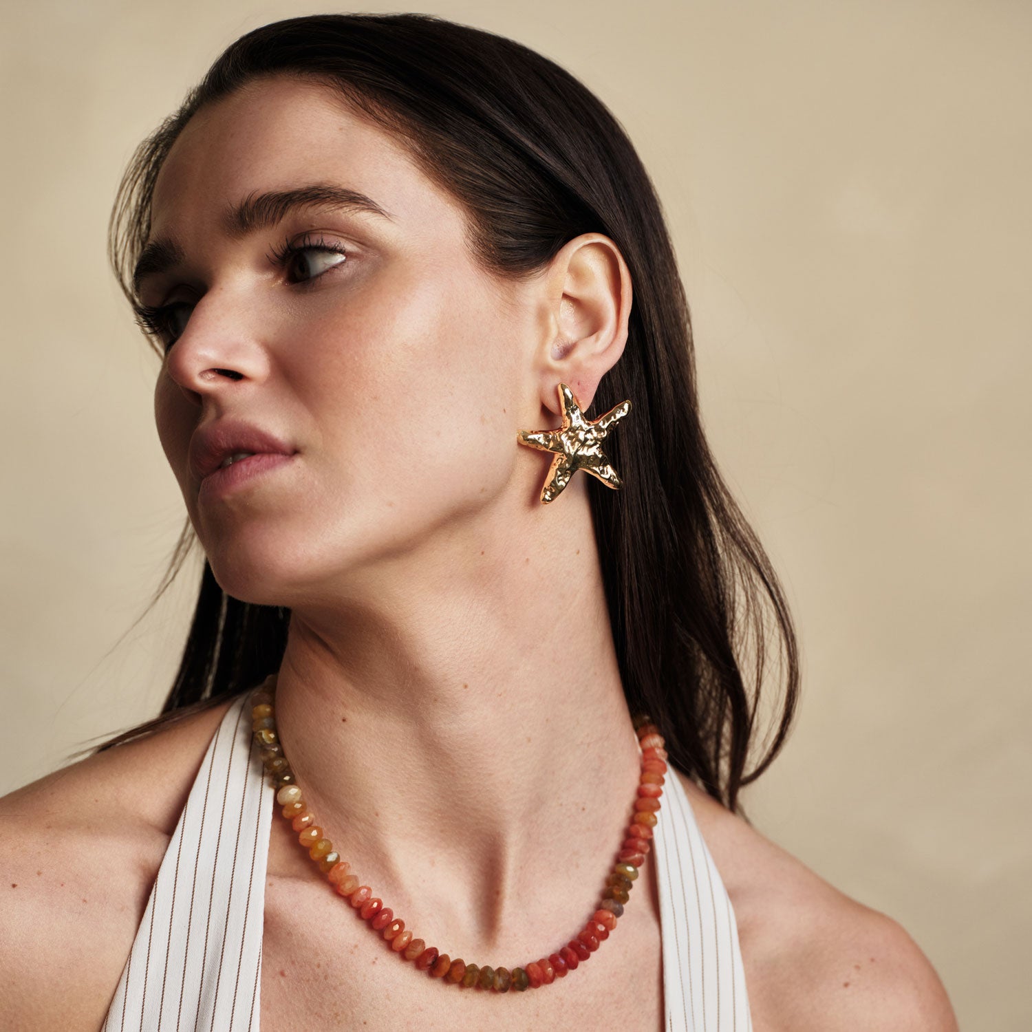 Orange Beaded Strand Necklace Styled on Model