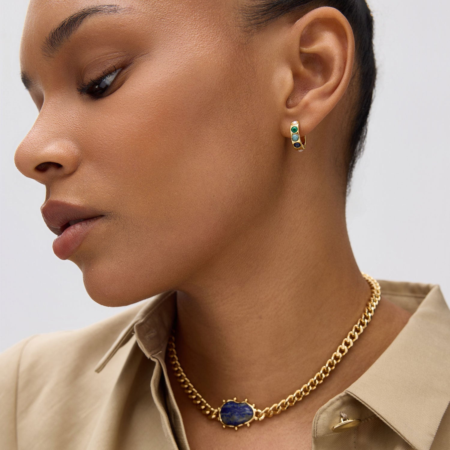 Pearl, Green, and Blue Stone Gold Hoop Earrings Styled on Model