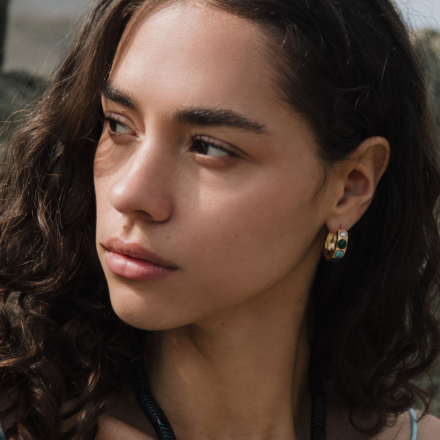 Semi Precious Stone and Gold Hoop Earrings Styled on Model