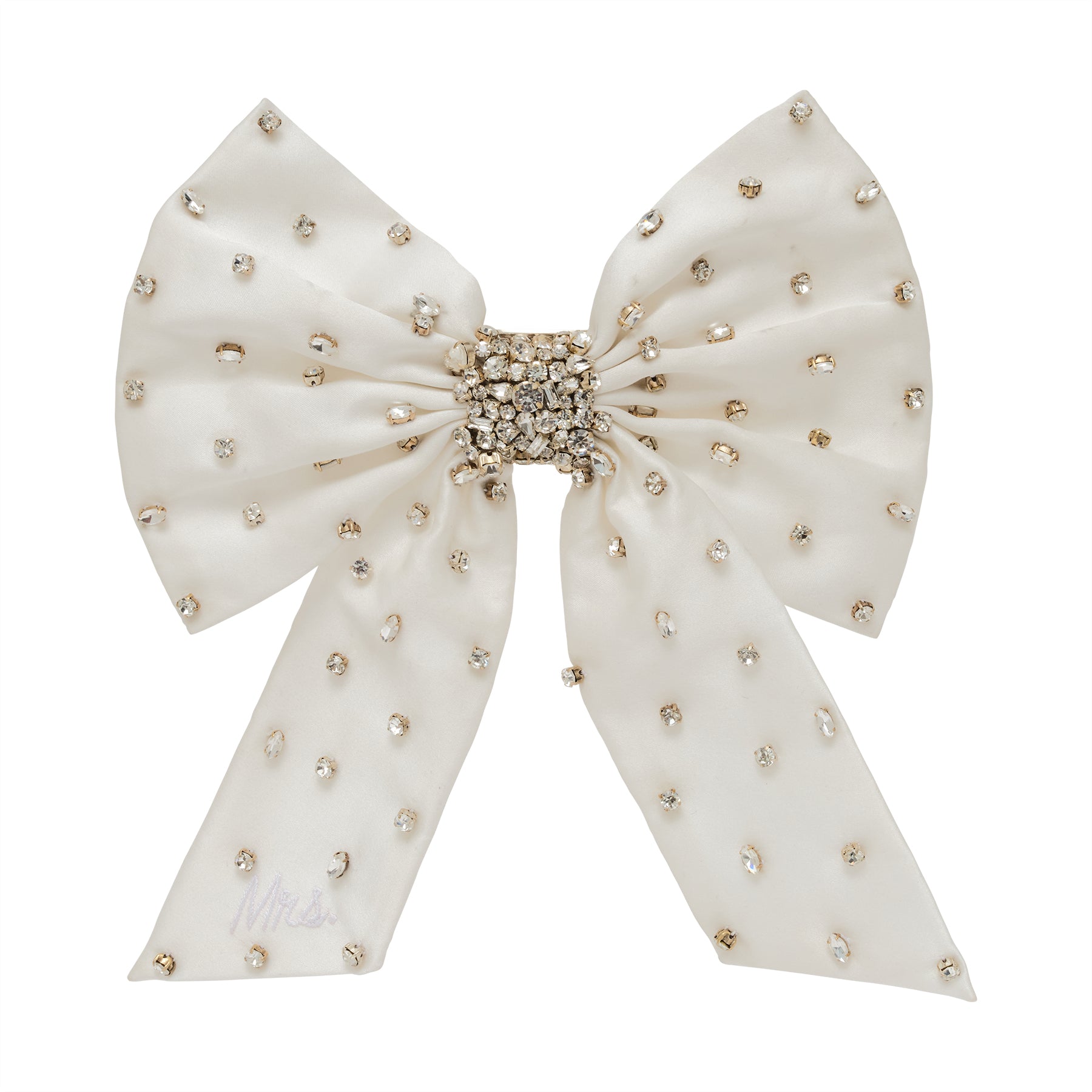 Silver and Crystal Embroidered Hair Bow on Flat White Background