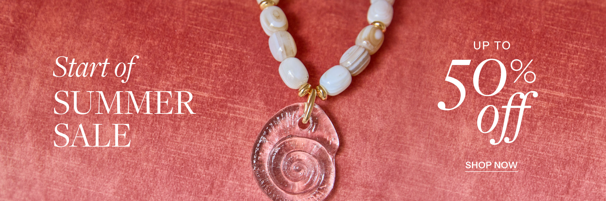 Necklace with a shell pendant on a red background with summer sale text.