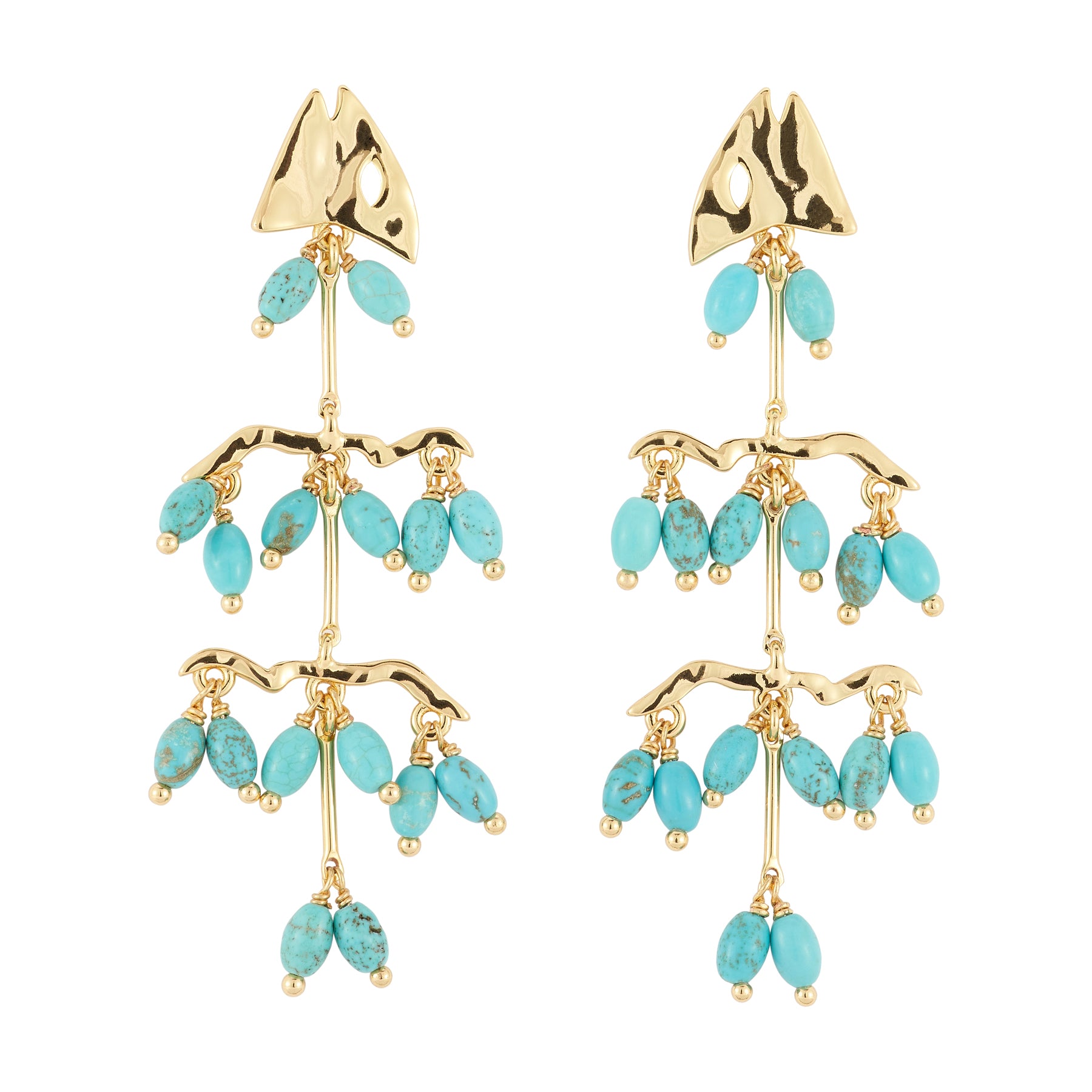 Turquoise Stone and Gold Fish Skeleton Earrings on Flat White Background