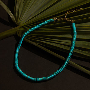 Turquoise Bead Strand Necklace Staged on Palm Leaf
