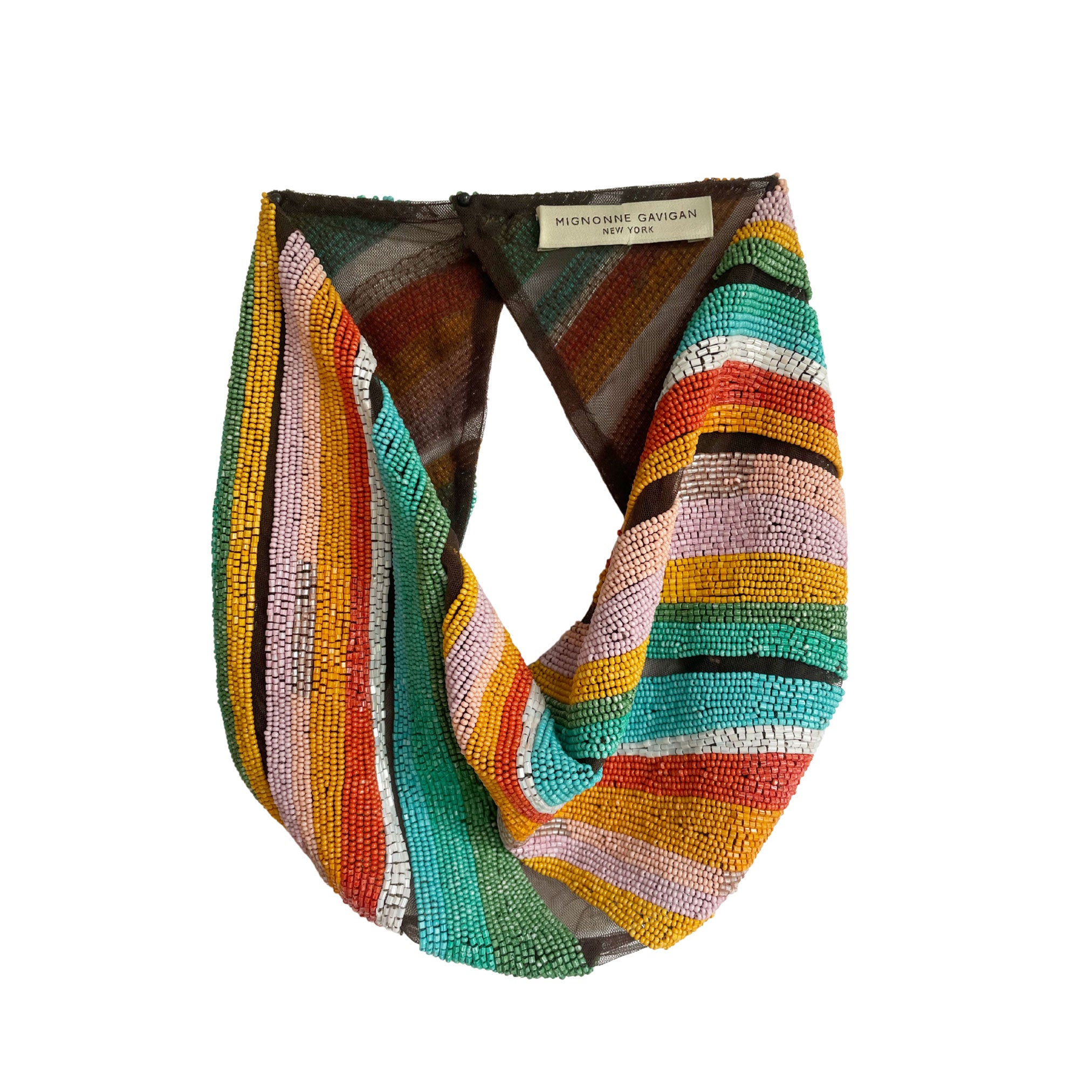 Colorful beaded scarf with a brand label on a white background