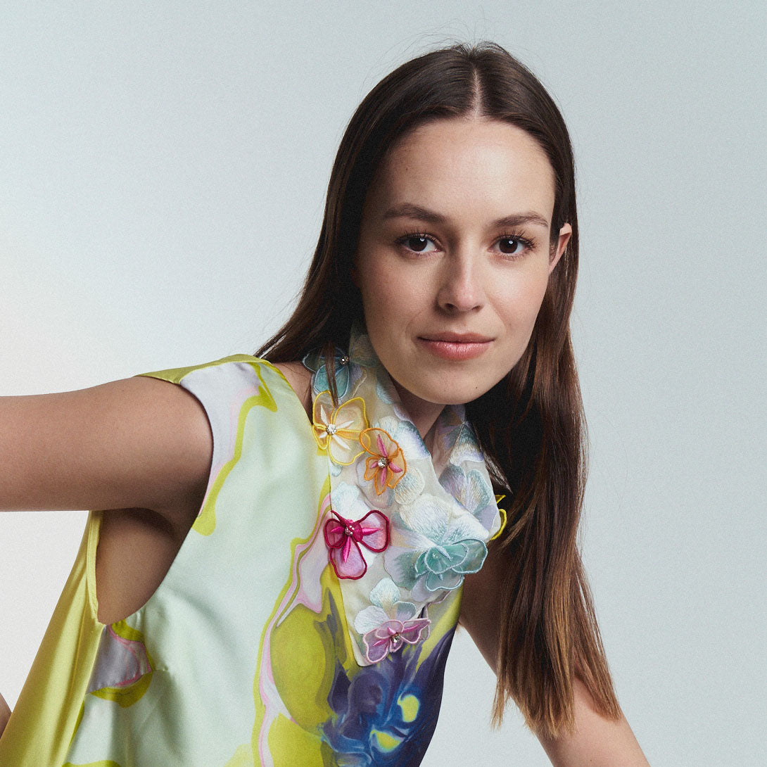 Multi-Colored Flower Embroidered Bandana Styled on Model