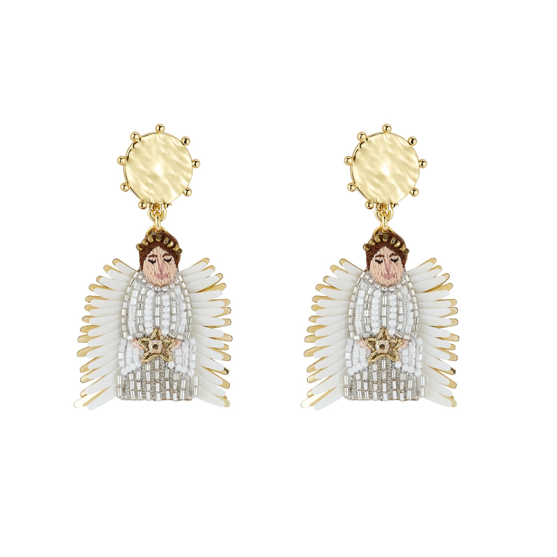 Pair of angel-themed earrings with gold accents on a white background
