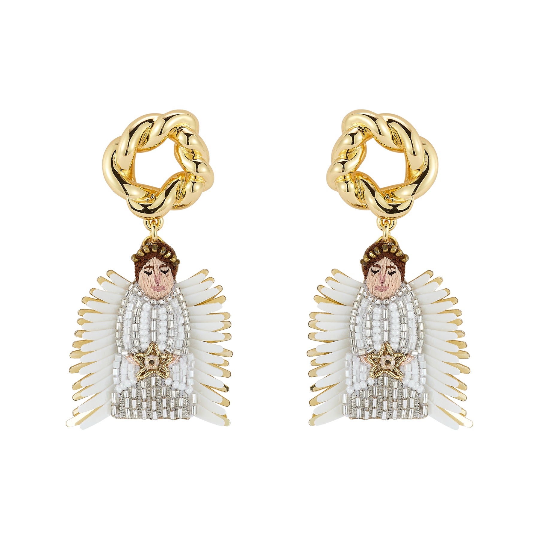 Gold and white angel earrings on a white background