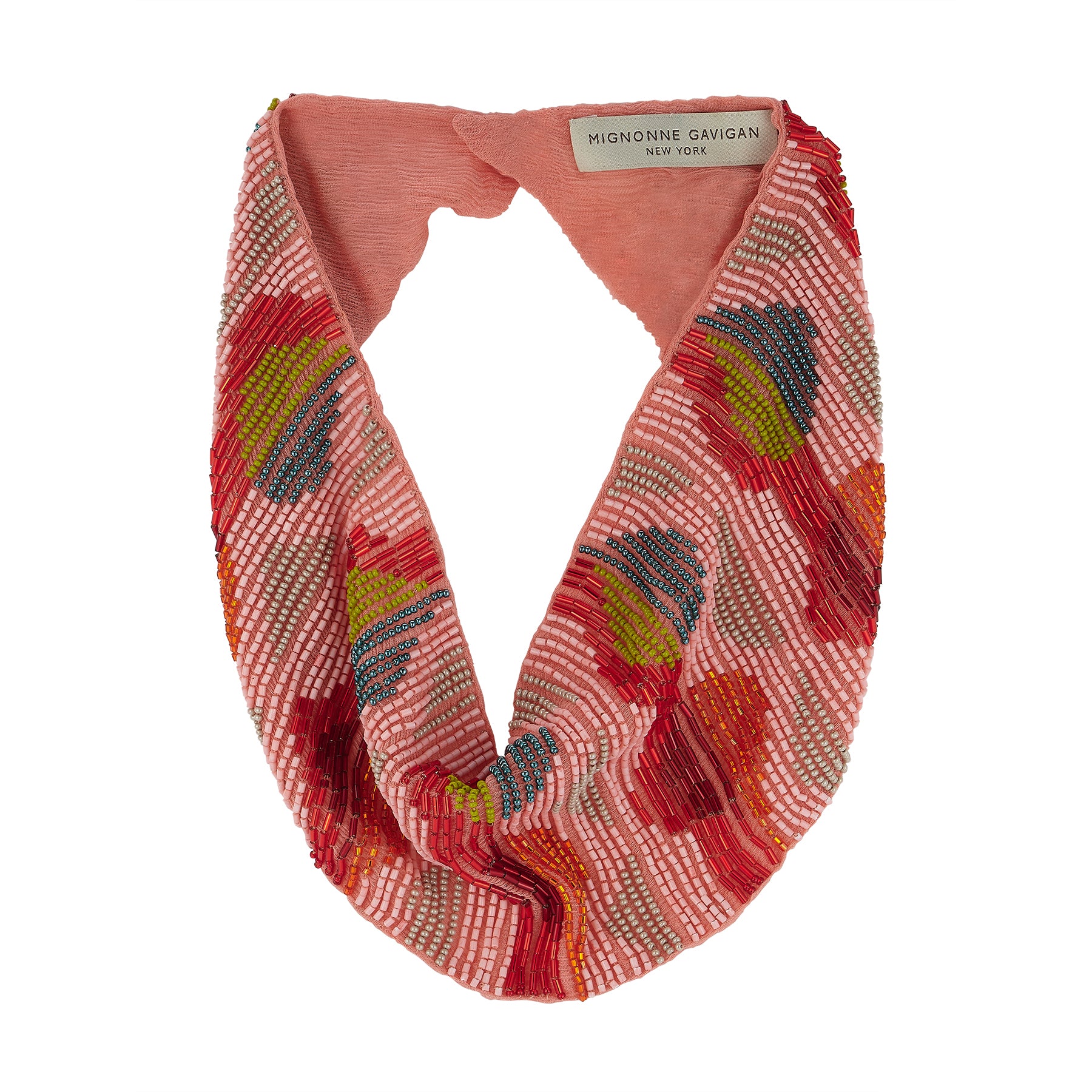 Colorful beaded scarf with 'Mignon ne Gavigan' label on a white background