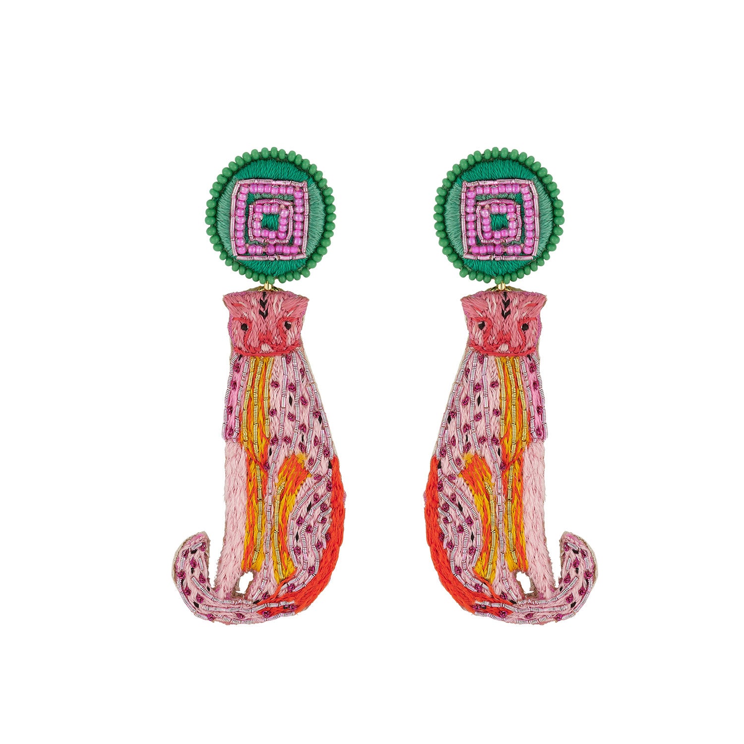 Colorful earrings with patterned tops and multicolored bodies on a white background