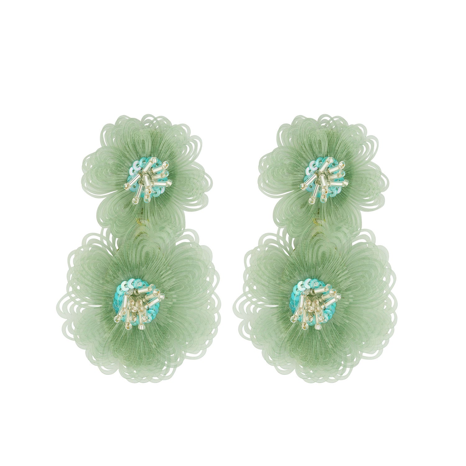 Set of four green floral earrings with decorative centers on a white background