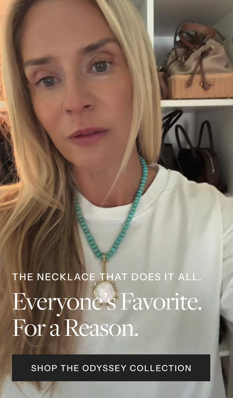 Model wearing a blue turquoise necklace with words reading "THE NECKLACE THAT DOES IT, Everyone's Favorite. For a Reason."