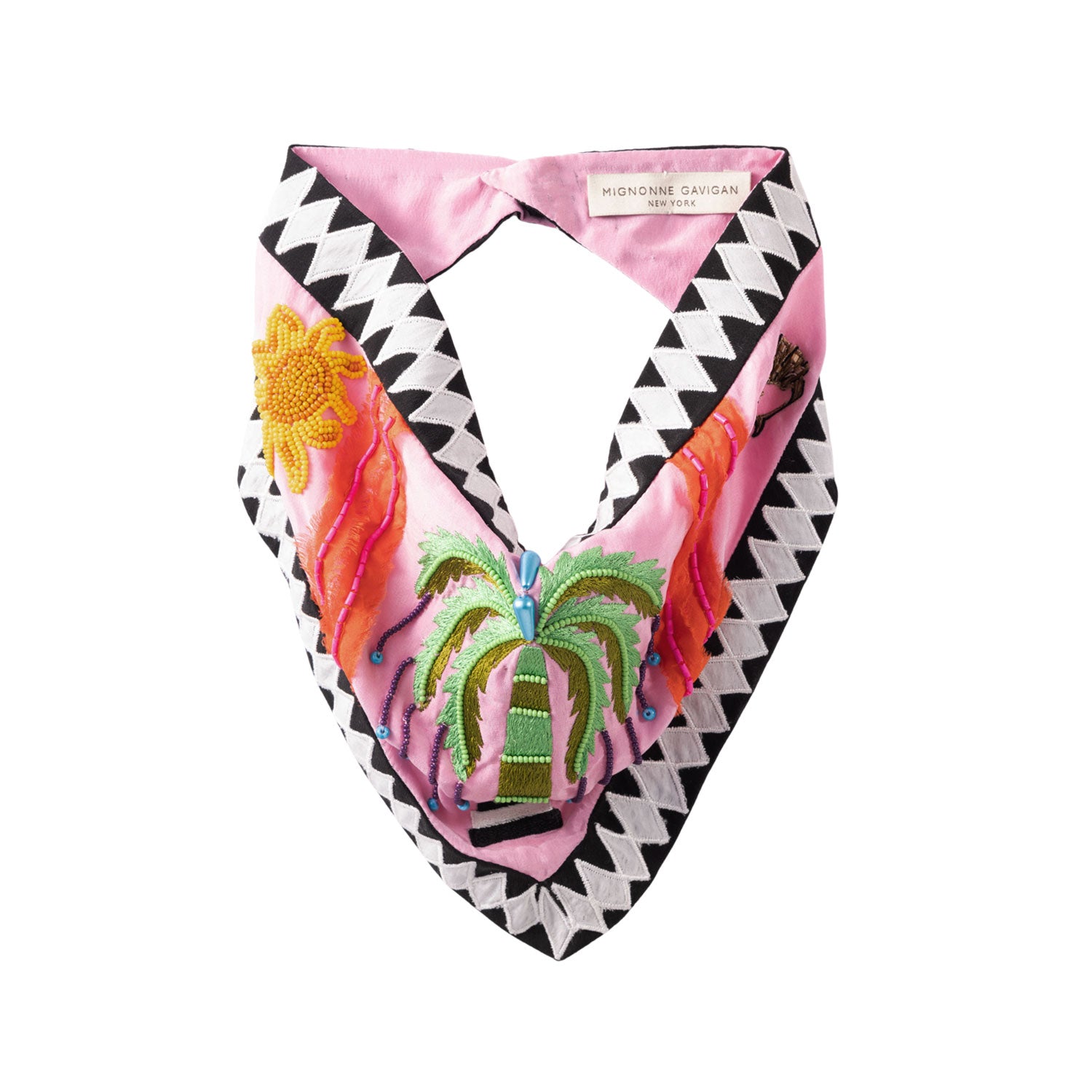 Colorful butterfly scarf with geometric pattern on a white background