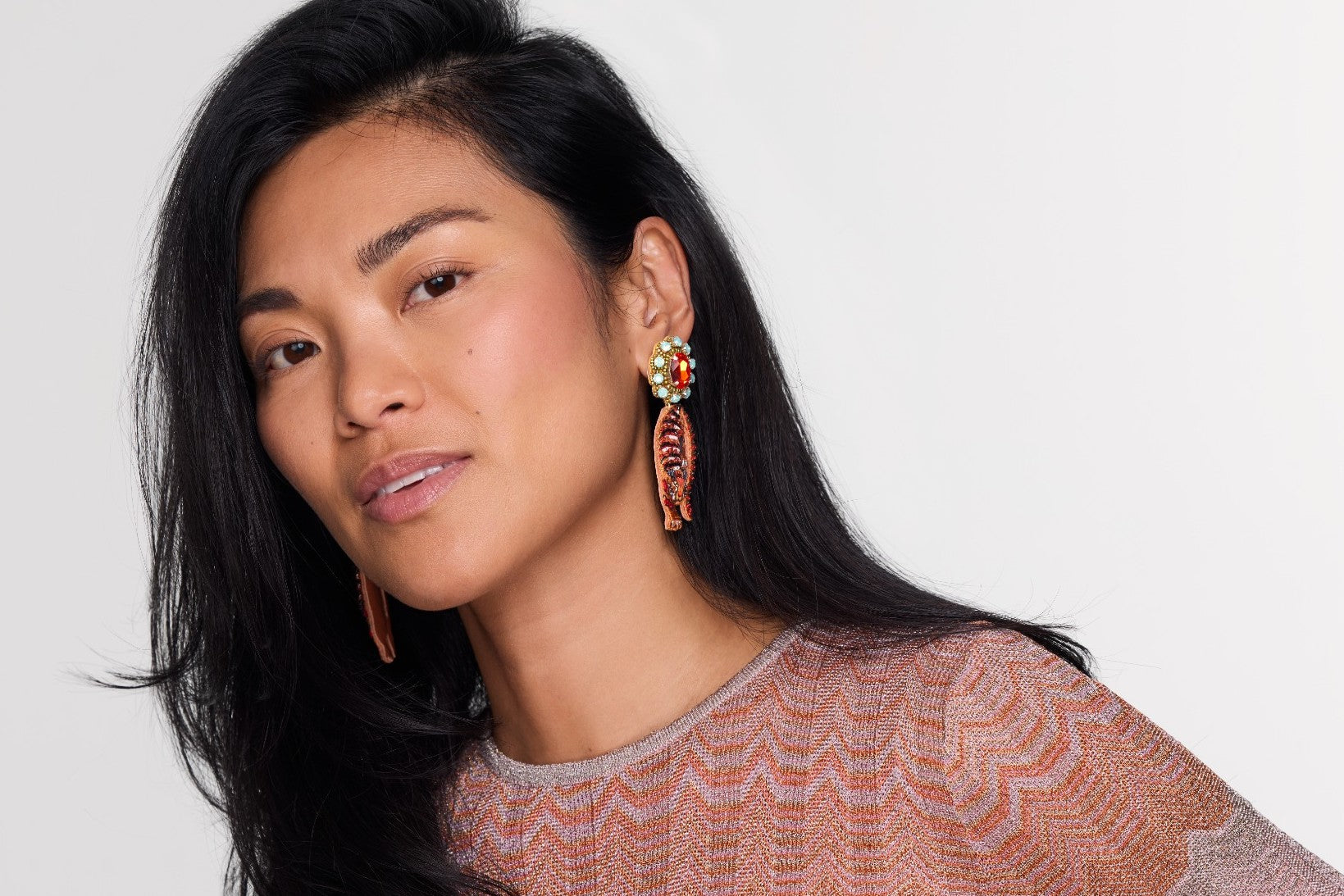 Tiger Embroidered Earrings with Stones on model.
