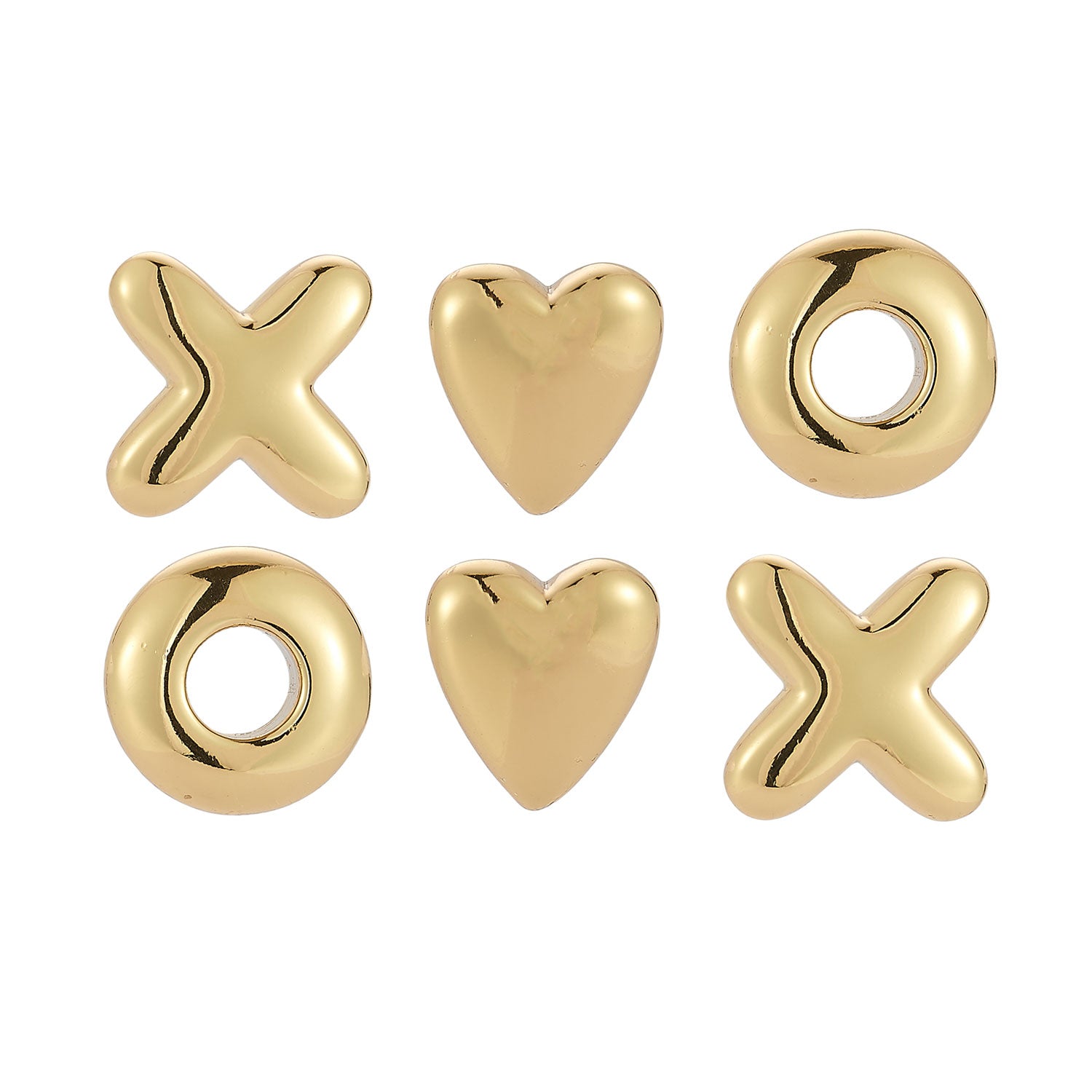 Set of gold charms including 'X', 'O', and heart shapes on a white background
