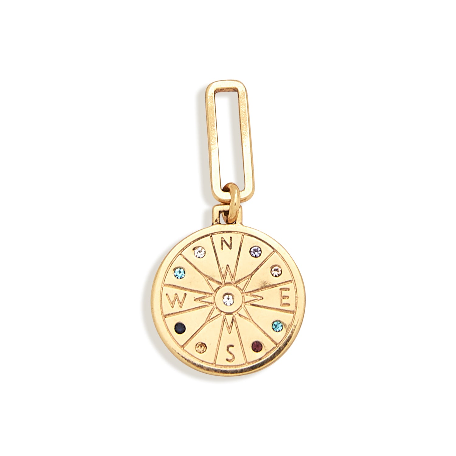 Gold Compass Charm with Multi-Colored Crystals on Flat White Background
