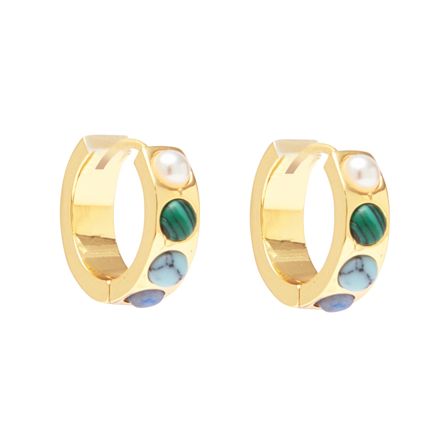 Semi Precious Stone and Gold Hoop Earrings on Flat White Background