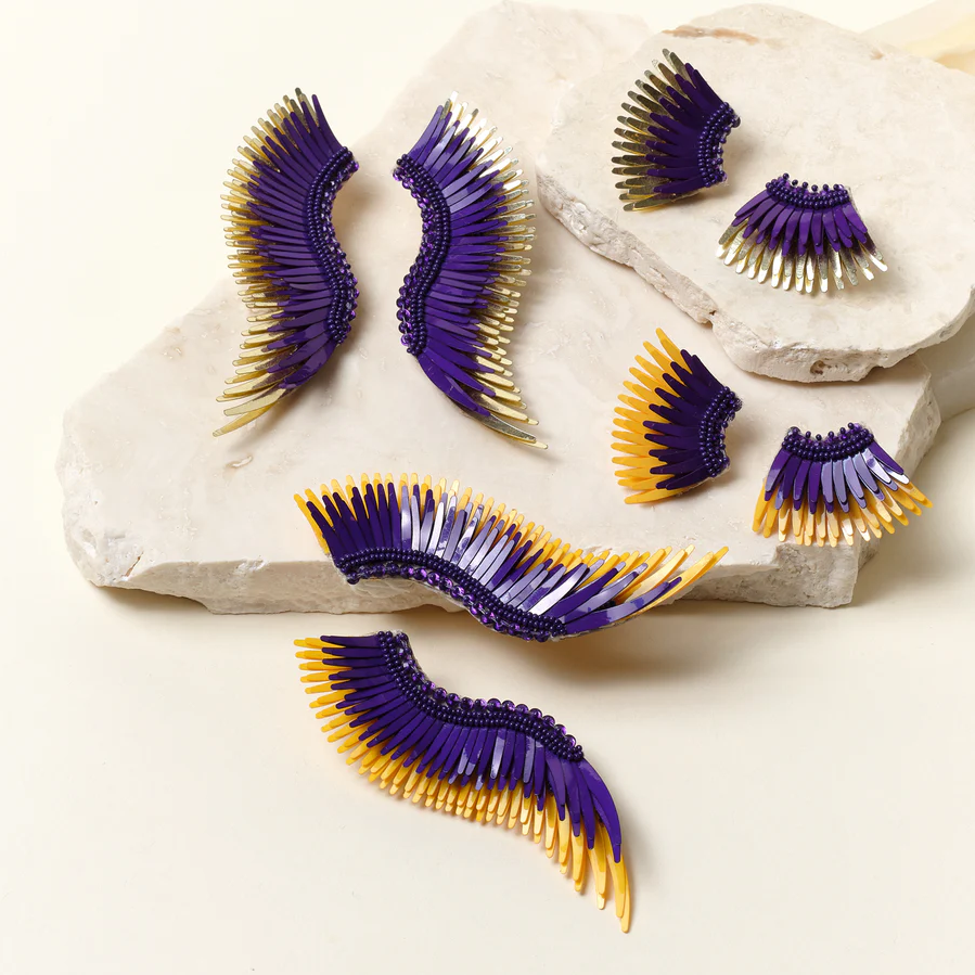 madeline winged earrings mini and full size in two color variations of purple and gold