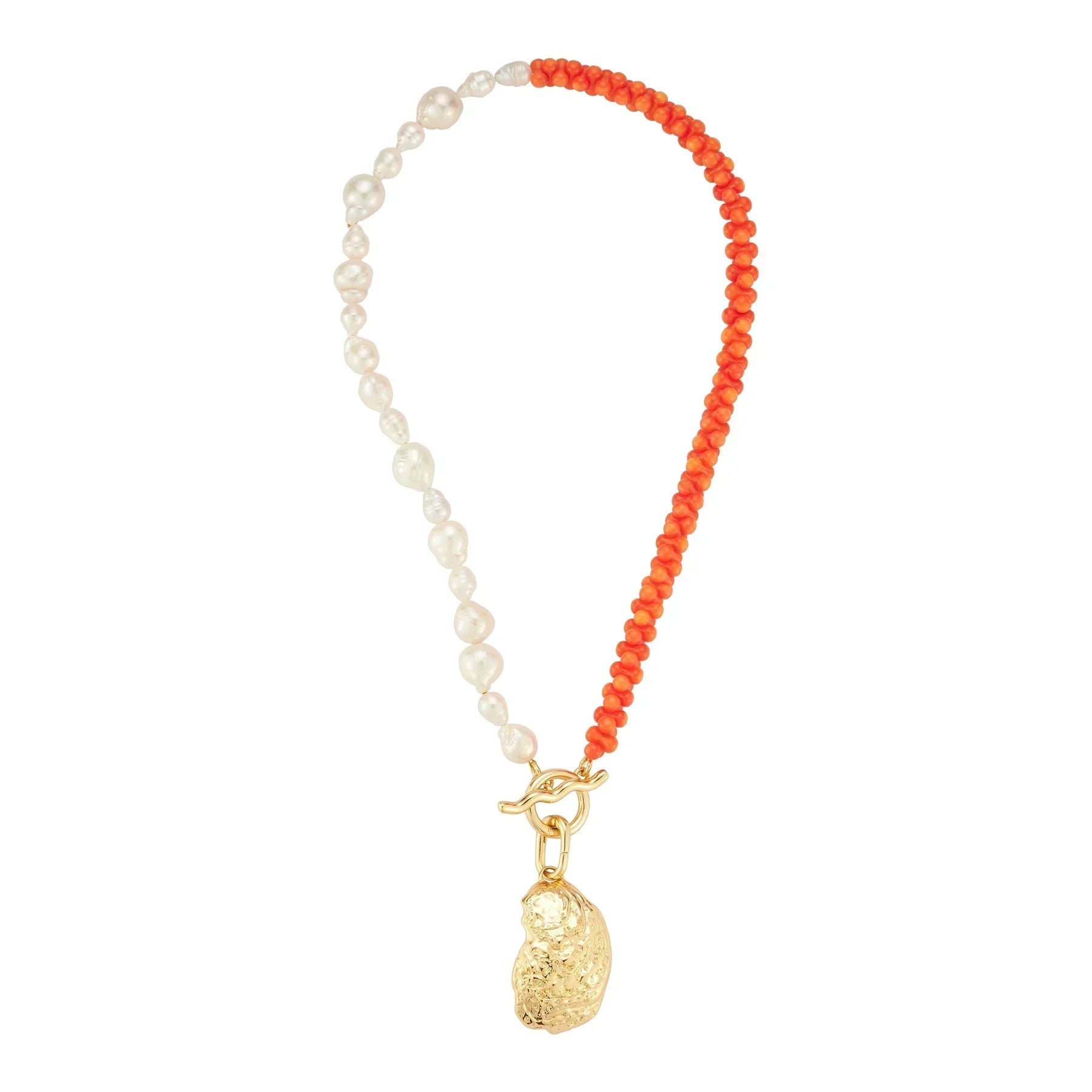 Gold oyster shell pendant necklace half beaded with seawater pearls, and half orange beads