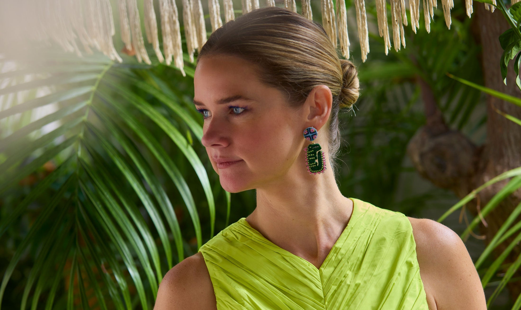 Woman wearing colorful necklace