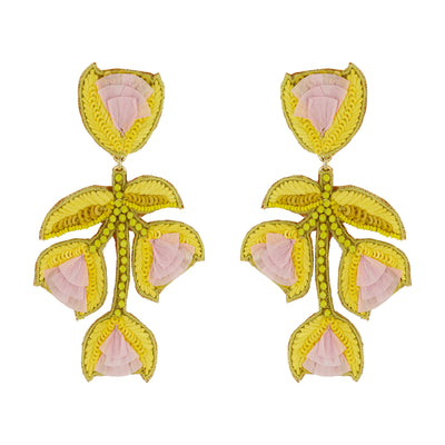 yellow and pink embroidered and sequin floral earrings