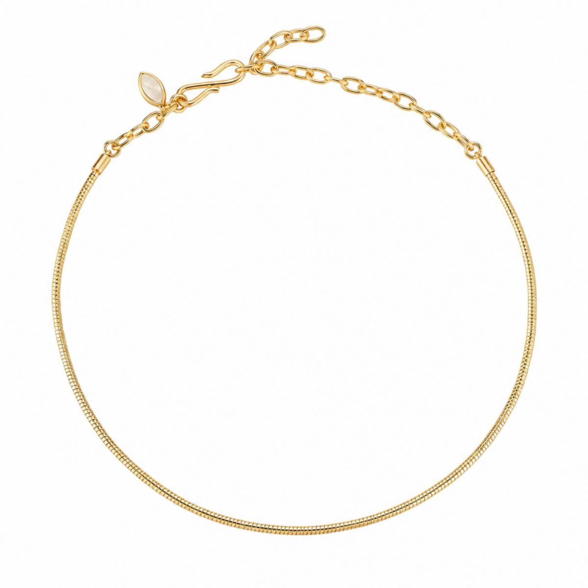 Gold-tone herringbone necklace featuring a delicate chain, adjustable extender, and gold hook clasp on a white