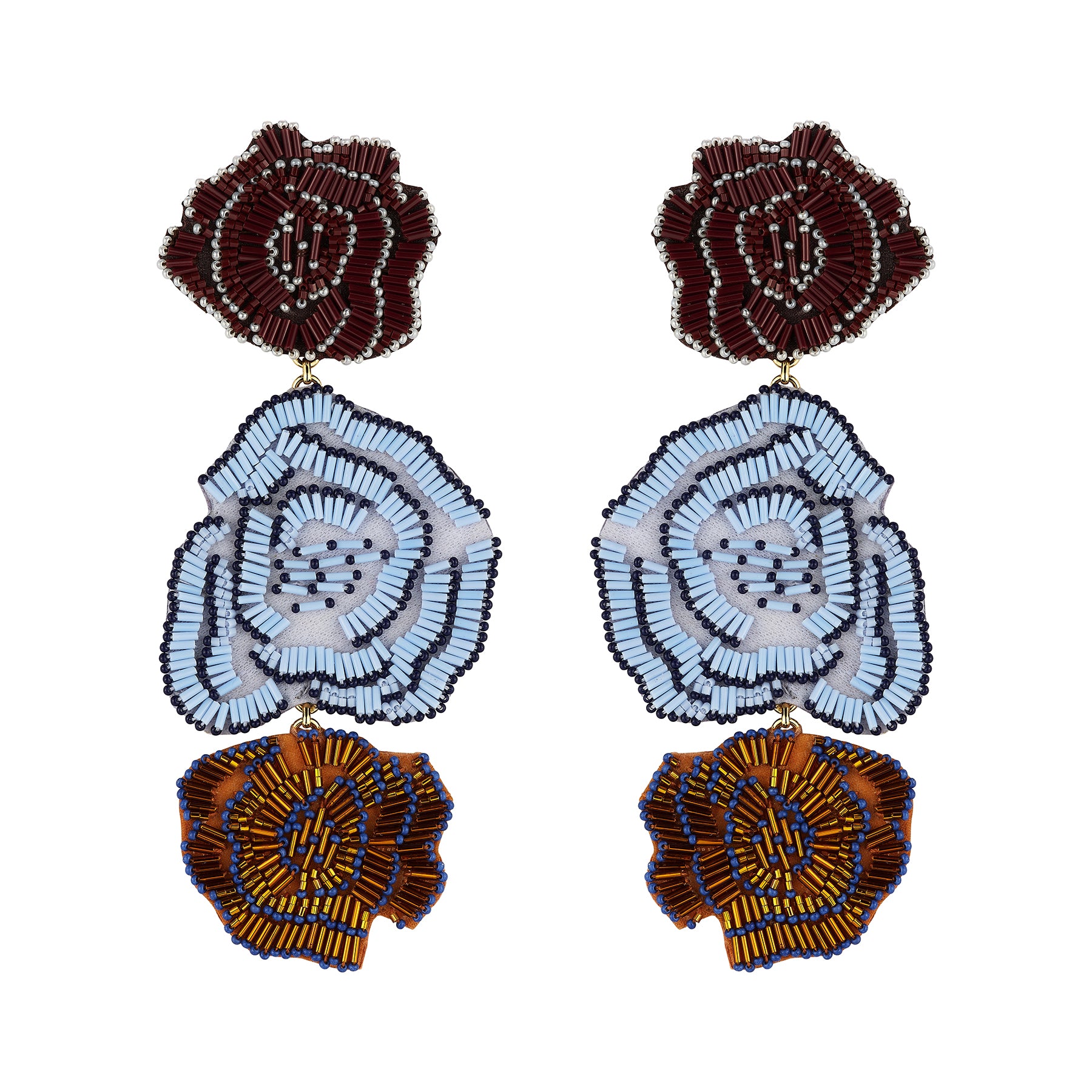 A pair of beaded drop earrings with three floral layers each. The top layer is a dark maroon rose, the middle layer is a light blue and white rosette with black accents, and the bottom layer is a golden-brown rose with blue and black detailing.