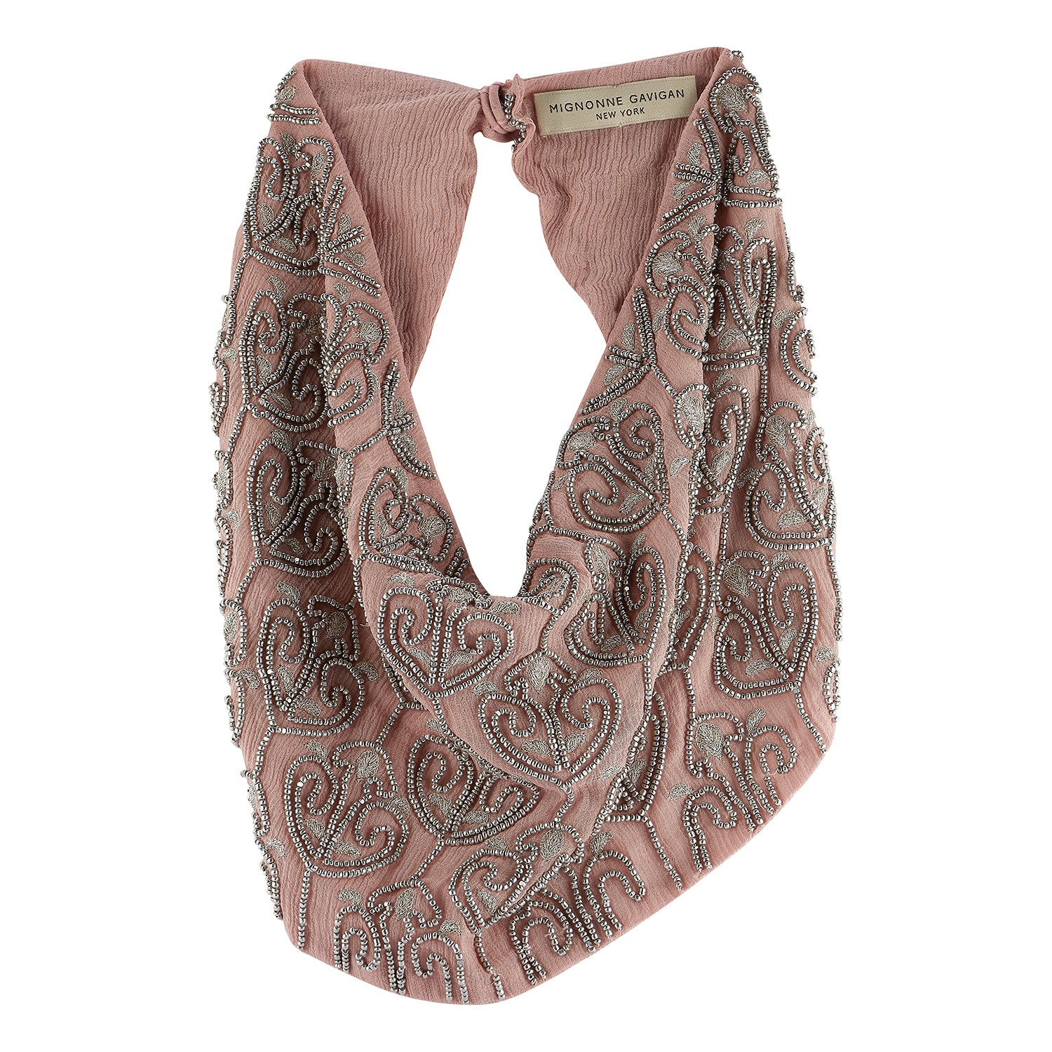 Silver and blush beaded scarf necklace against a white background