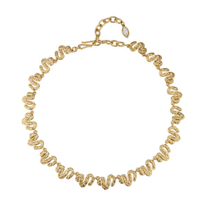 Antiqued Gold Collar Necklace on Flat White Background