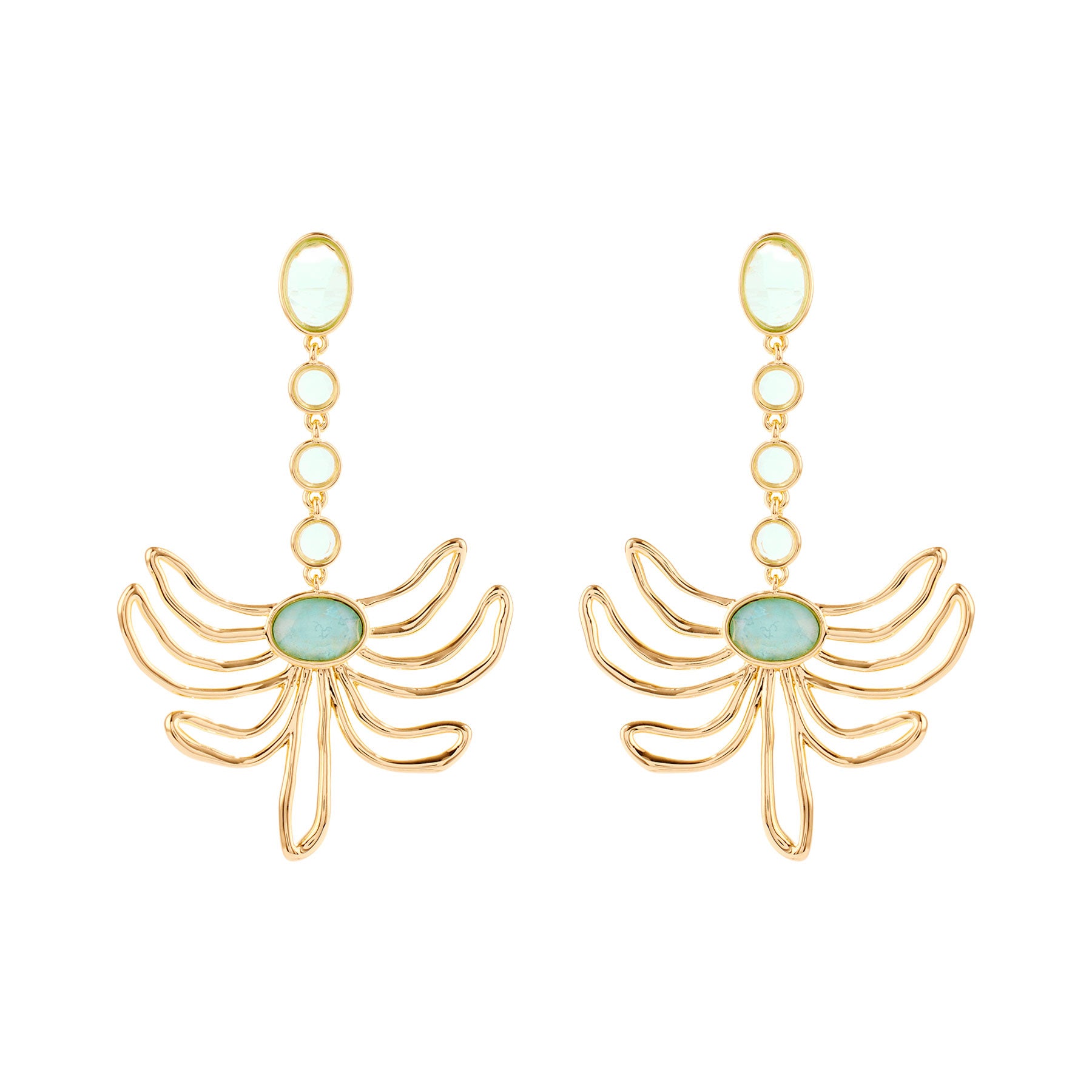 Green Blue Crystal and Gold Flower Drop Earrings on Flat White Background