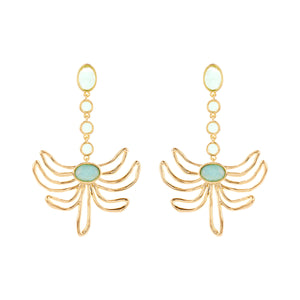 Green Blue Crystal and Gold Flower Drop Earrings on Flat White Background