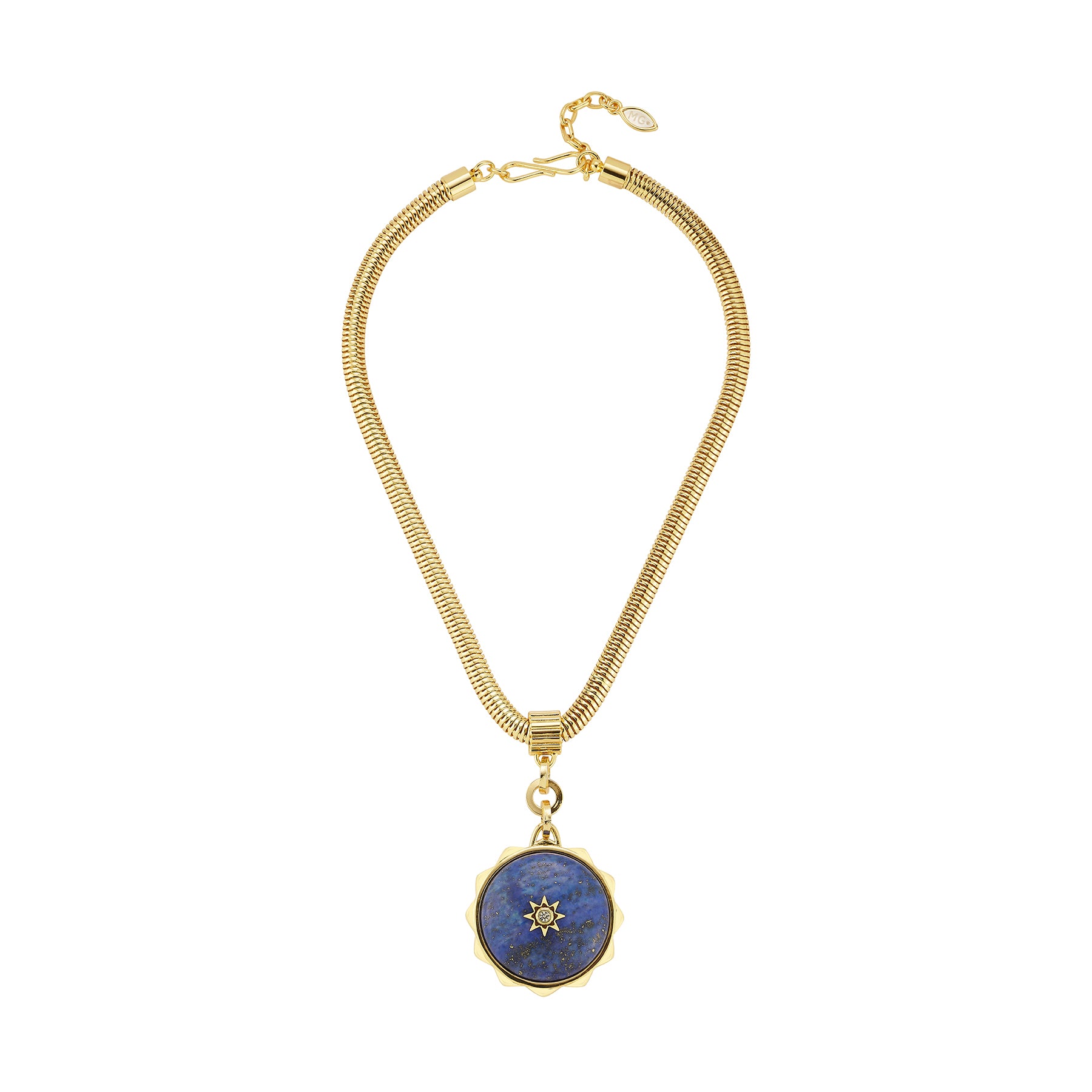 A gold snake chain necklace featuring a circular blue and white stone pendant with a small gold star detail in the center, displayed on a clean white background.