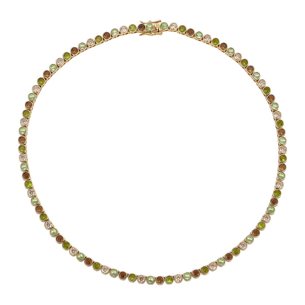 Green and brown tennis necklace against a white background