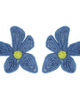 Pair of blue flower-shaped earrings with yellow centers on a white background
