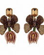 A pair of ornate butterfly-shaped drop earrings with faceted amber top studs, brown and gold beaded wings, and dangling rose-gold-toned bead clusters on a white background.