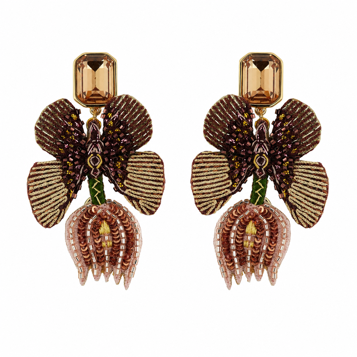 A pair of ornate butterfly-shaped drop earrings with faceted amber top studs, brown and gold beaded wings, and dangling rose-gold-toned bead clusters on a white background.