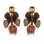 A pair of ornate butterfly-shaped drop earrings with faceted amber top studs, brown and gold beaded wings, and dangling rose-gold-toned bead clusters on a white background.