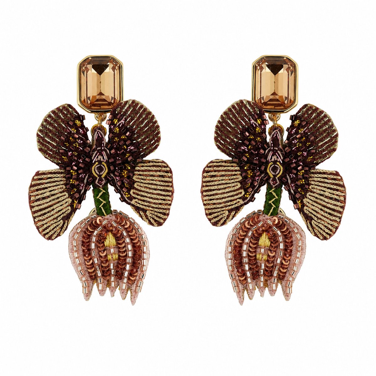 A pair of ornate butterfly-shaped drop earrings with faceted amber top studs, brown and gold beaded wings, and dangling rose-gold-toned bead clusters on a white background.