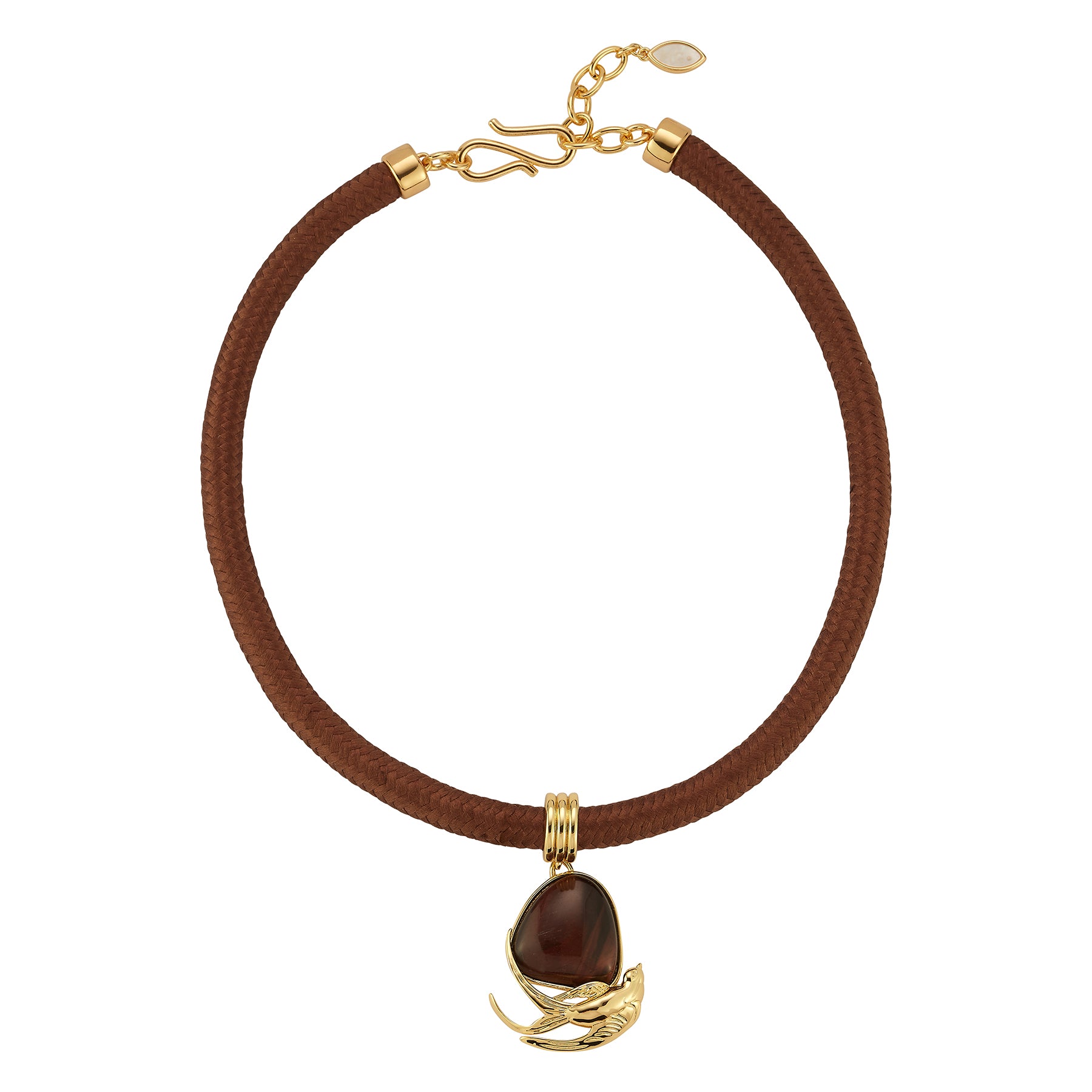 A brown braided cord necklace with a gold-tone clasp and a central gold-tone pendant featuring a dark brown teardrop stone and curved gold accents, shown on a plain white background.