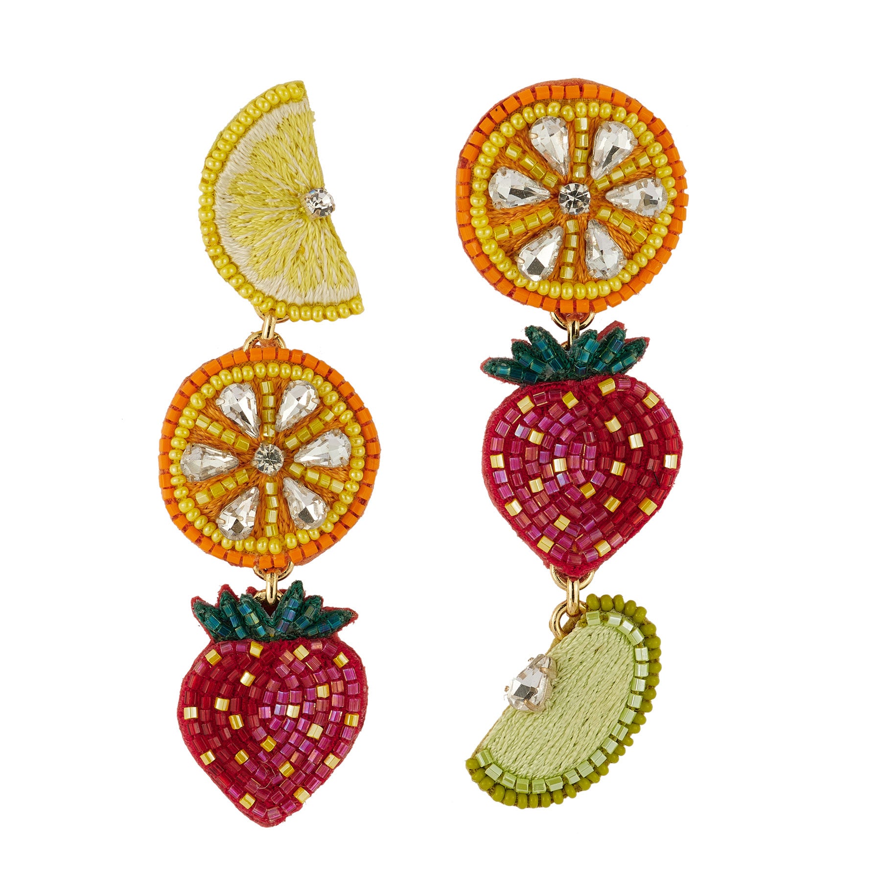 Fruit Beaded and Embroidered Drop Earrings on Flat White Background