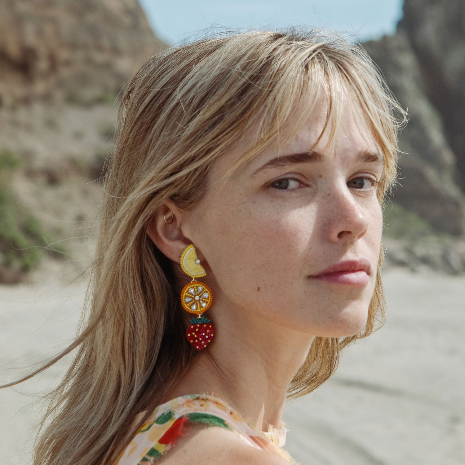 Fruit Beaded and Embroidered Drop Earrings Styled on Model